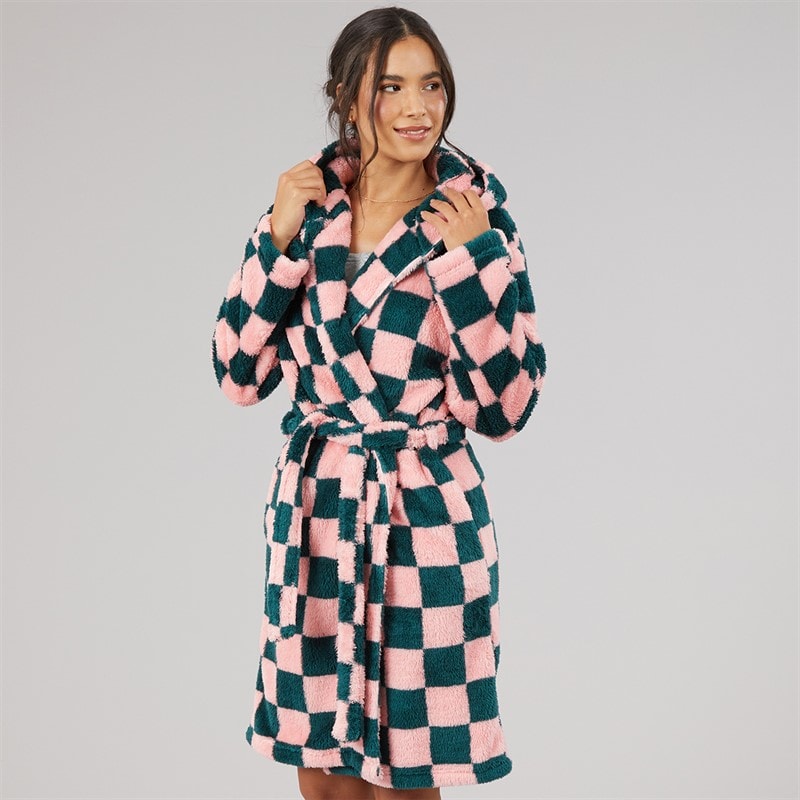 Board Angels Womens Wellsoft Checked Hooded Dressing Gown Pink/Green Check - Image 3