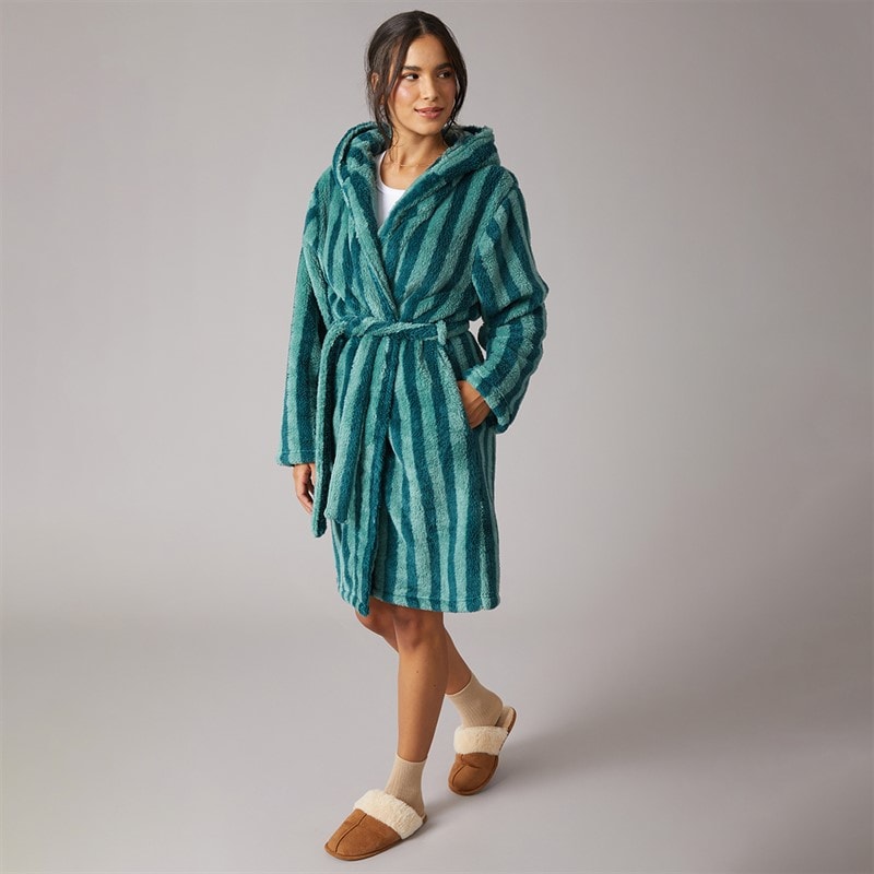 Board Angels Womens Wellsoft Hooded Striped Dressing Gown Green Stripe - Image 4