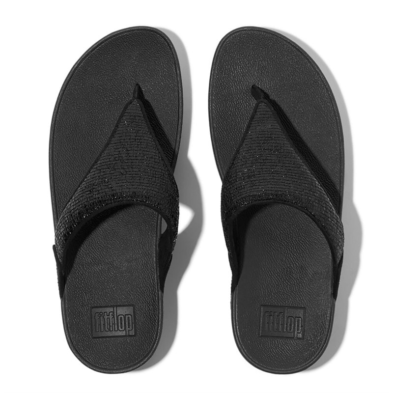 FitFlop Womens Lulu Crinkled Shimmer Toe Post Sandals Metallic Black - Image 3