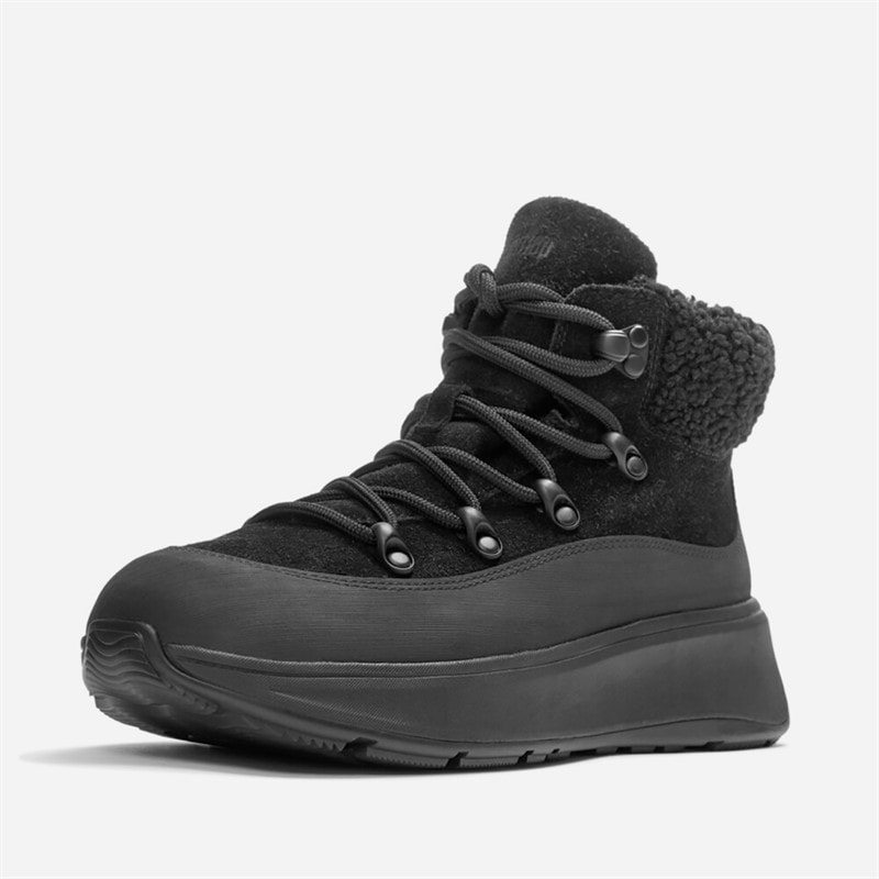 FitFlop Womens F-Mode Teddy Collar Lace Up Booties All Black - Image 2