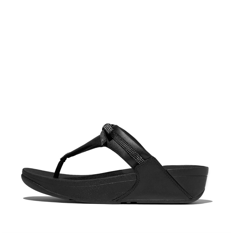 FitFlop Womens Lulu Glitz Bow Leather Toe Post Sandals All Black