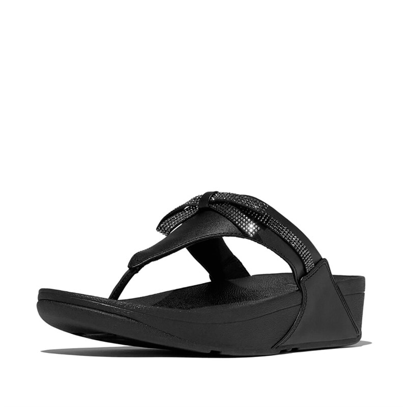 FitFlop Womens Lulu Glitz Bow Leather Toe Post Sandals All Black - Image 2