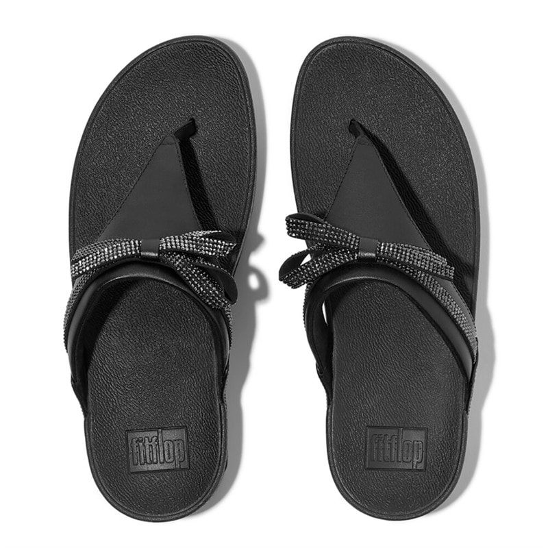 FitFlop Womens Lulu Glitz Bow Leather Toe Post Sandals All Black - Image 3