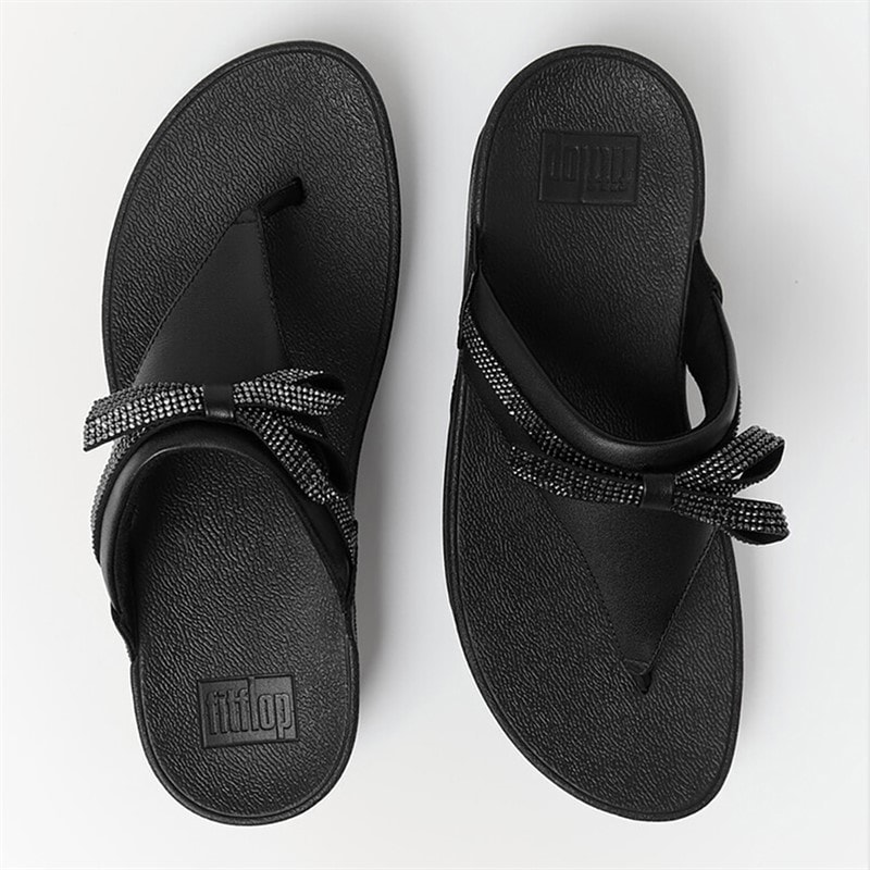 FitFlop Womens Lulu Glitz Bow Leather Toe Post Sandals All Black - Image 4