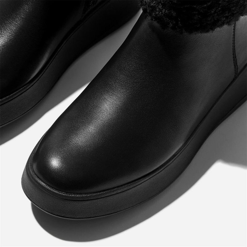 FitFlop Womens F-Mode Shearling Collar Zip Up Ankle Boots All Black - Image 3
