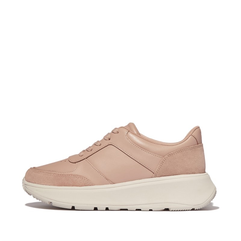 FitFlop Womens F-Mode Leather Suede Mix Flatform Trainers Classic Beige - Image 1
