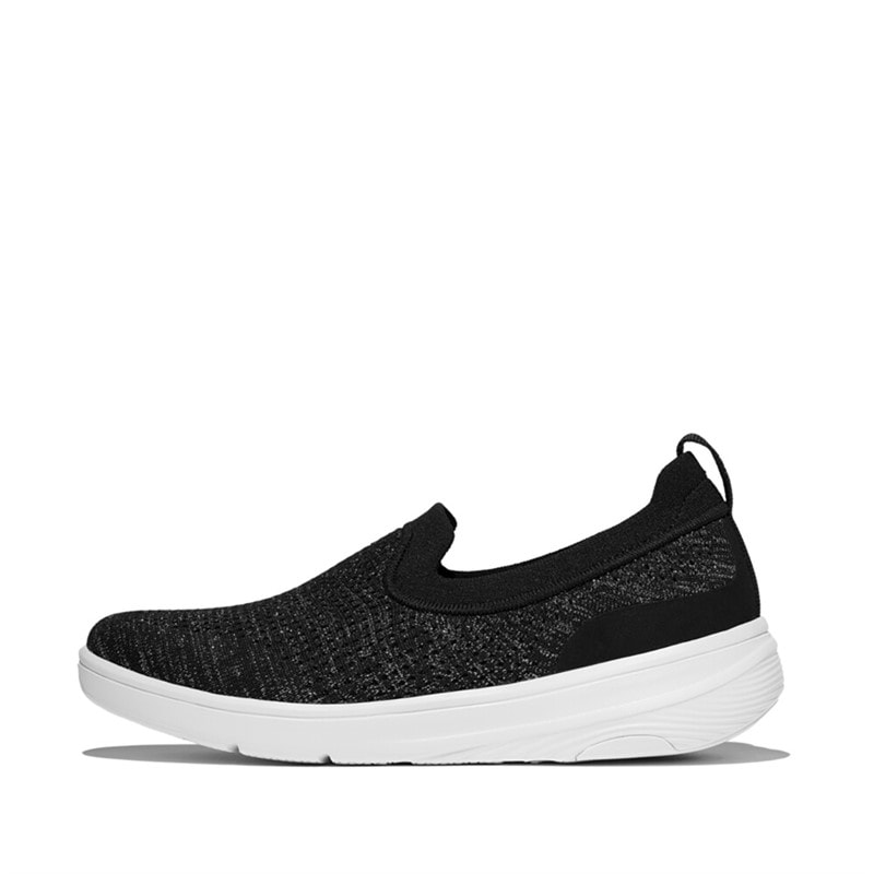 FitFlop Womens Super Q Knit Slip On Trainers Black/Silvereen - Image 1