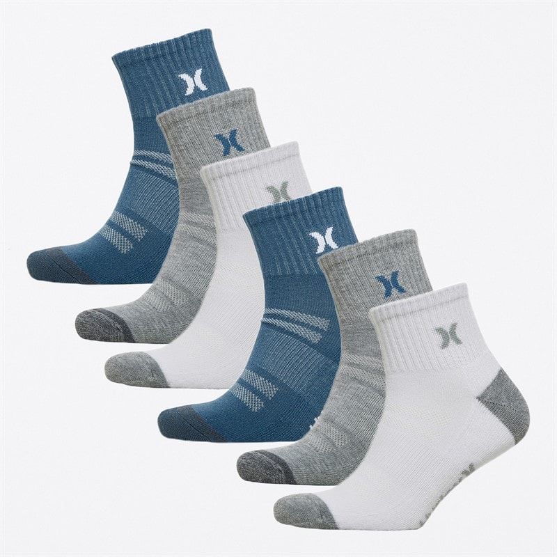 Hurley Mens 1/2 Terry Six Pack Quarter Crew Socks White/Blue - Image 1