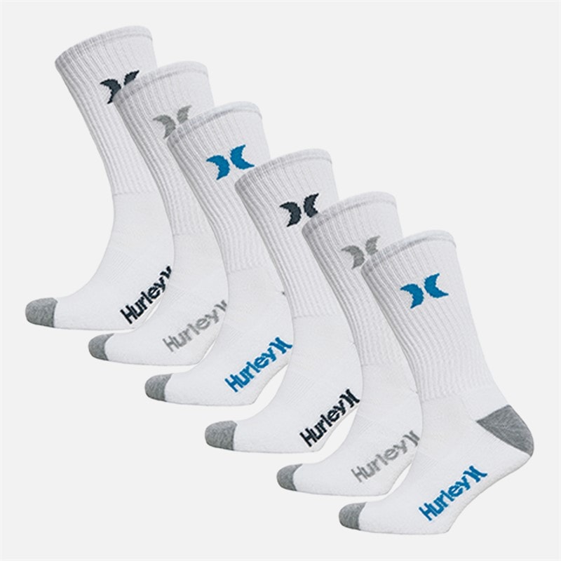 Hurley Mens 1/2 Terry Six Pack Crew Socks White/Blue - Image 1