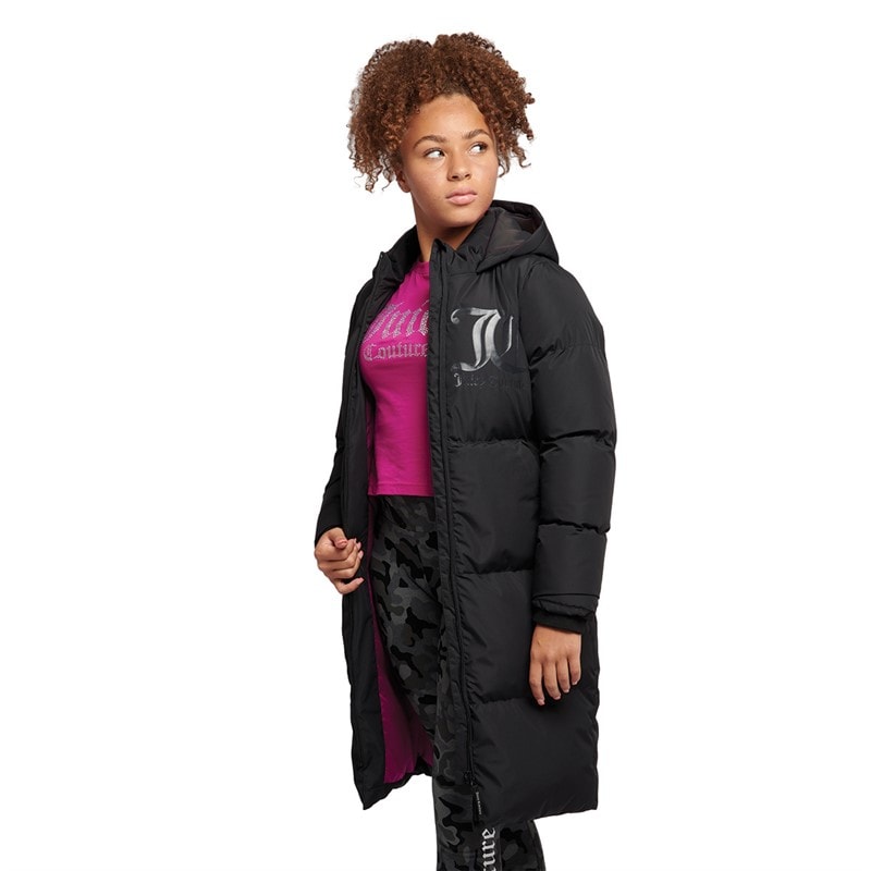 Juicy Couture Girls Longline Puffer Coat Black - Image 3