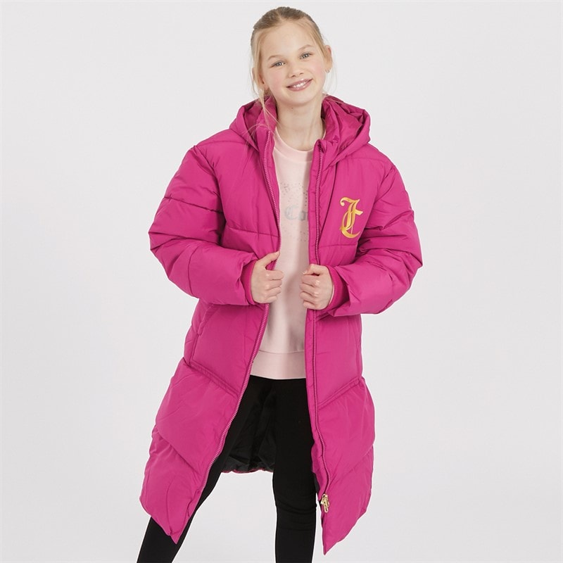 Juicy Couture Girls Longline Puffer Coat Festival Fuchsia