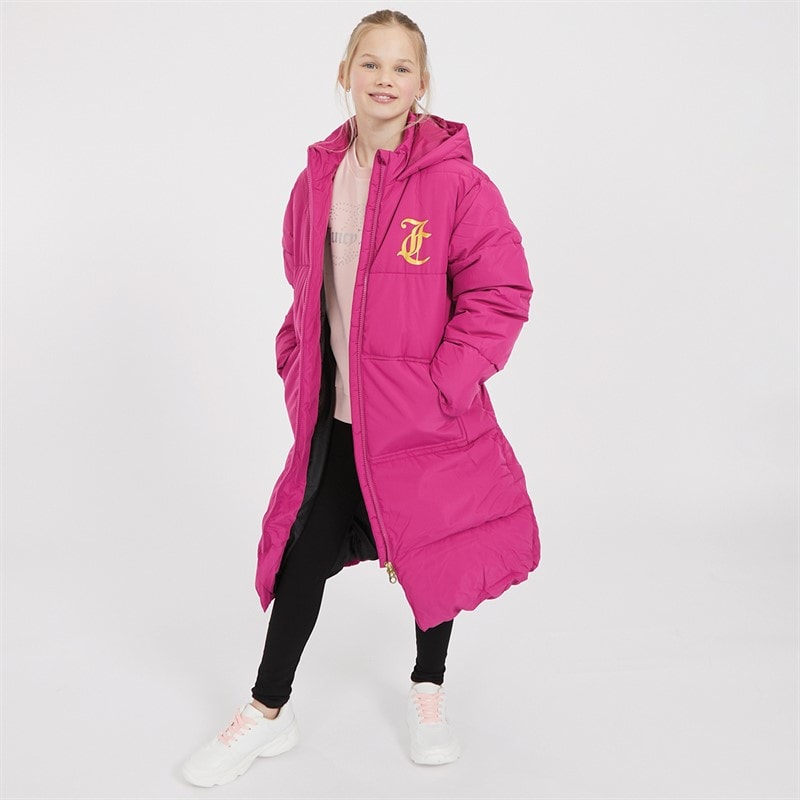 Juicy Couture Girls Longline Puffer Coat Festival Fuchsia - Image 4