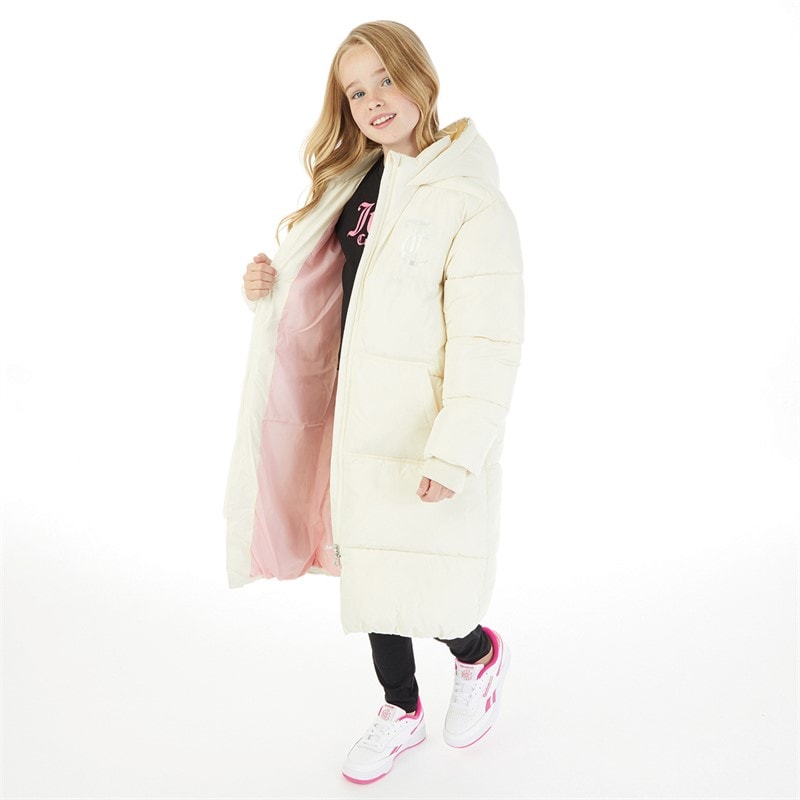 Juicy Couture Girls Longline Puffer Jacket Vanilla Ice - Image 3