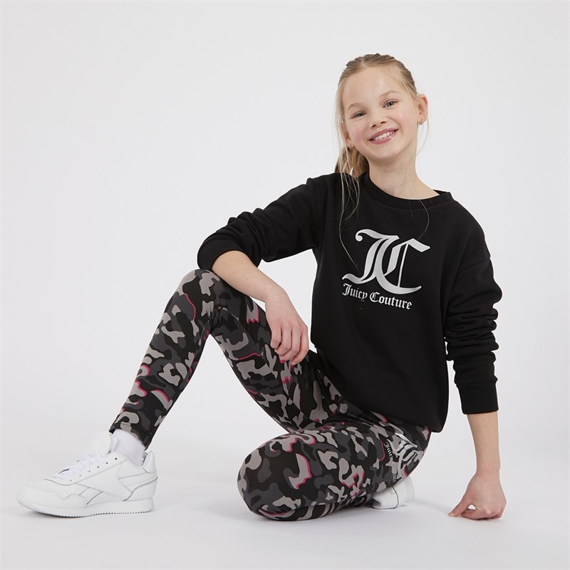 Juicy Couture Girls Oversized Crew Sweatshirt and Abstract Leggings Tracksuit Set Black