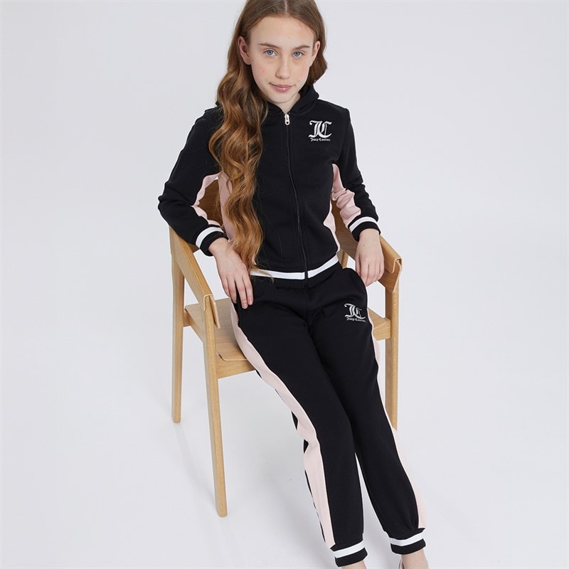Juicy Couture Girls Cut And Sew Zip Through Hoodie And Cuffed Joggers Tracksuit Set Black - Image 1