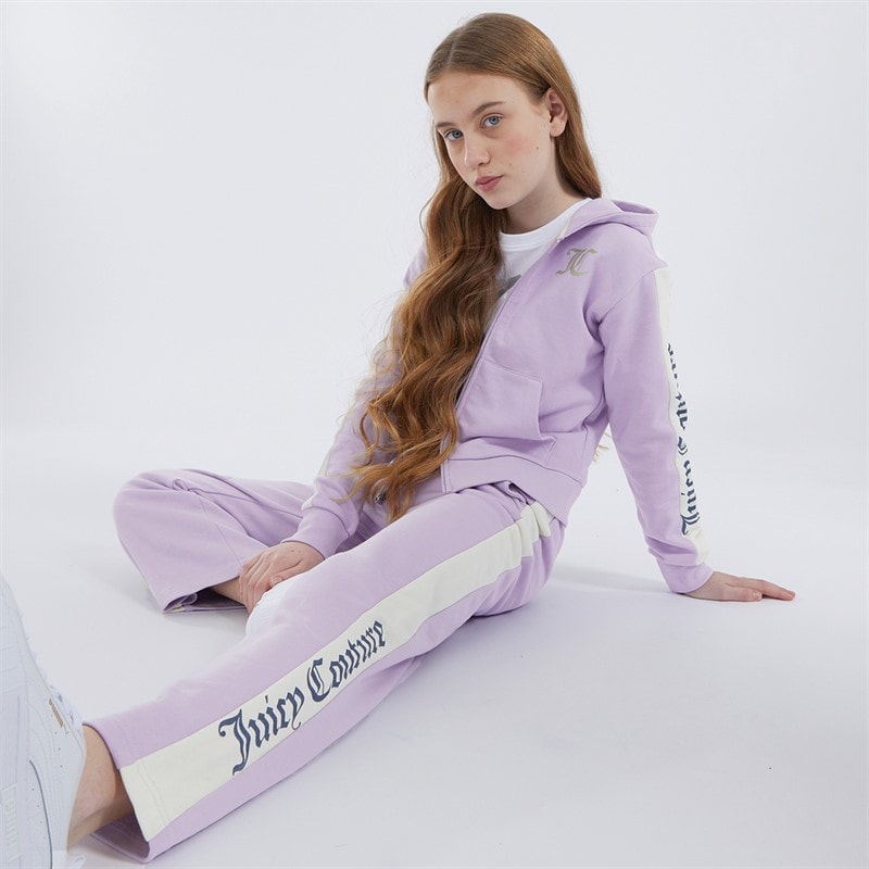 Juicy Couture Girls Cut And Sew Zip Through Hoodie And Wide Leg Joggers Tracksuit Set Pastel Lilac