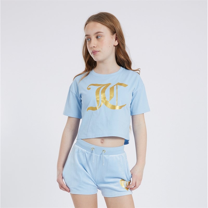 Juicy Couture Girls Heart Boxy T-Shirt And Velour Shorts Co-Ord Set Power Blue