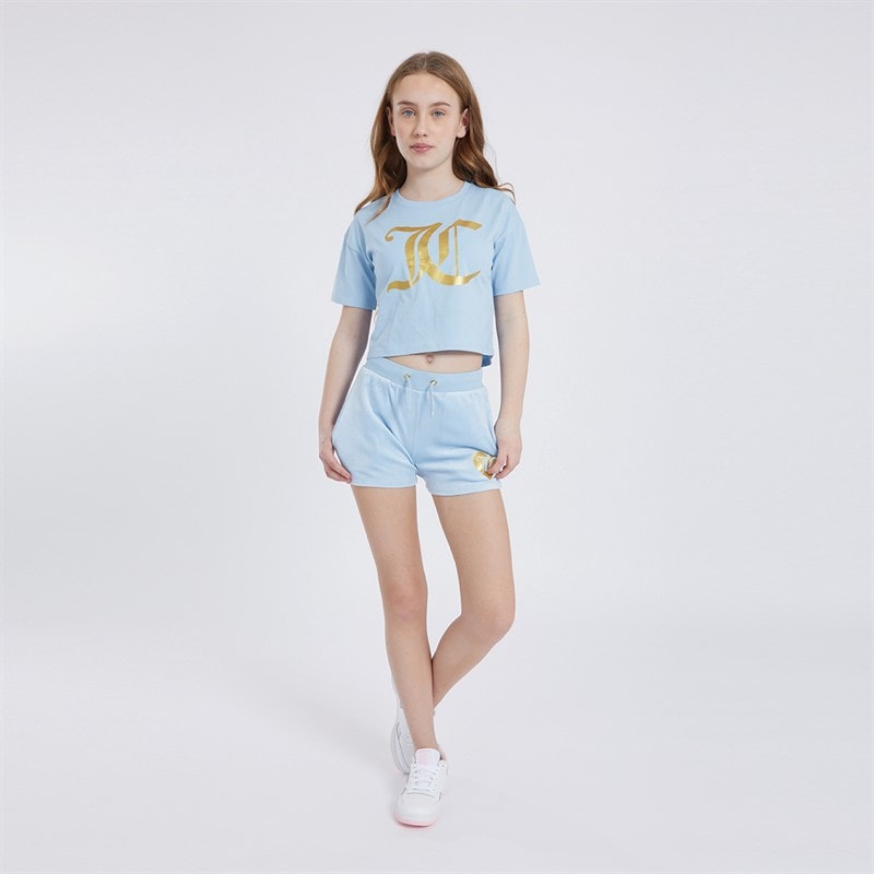 Juicy Couture Girls Heart Boxy T-Shirt And Velour Shorts Co-Ord Set Power Blue - Image 3