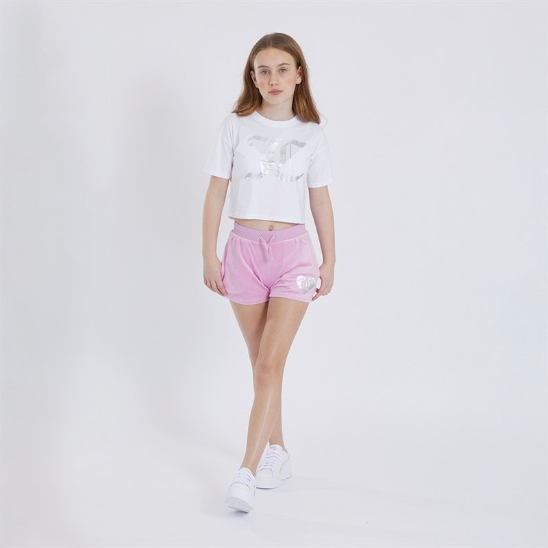 Juicy Couture Girls Heart Boxy T-Shirt And Velour Shorts Set Pink Lavender - Image 3
