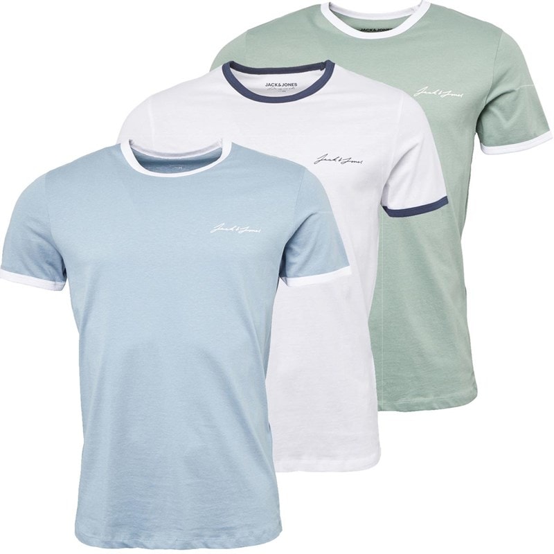 JACK & JONES Mens Ralph Three Pack T-Shirts White/Ashley Blue/Green Milieu