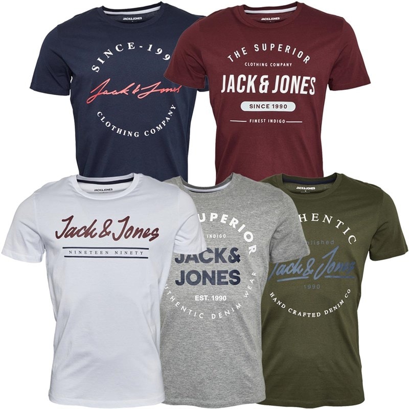 JACK & JONES Mens Urban Crew Neck Five Pack T-Shirts Olive Night/White/Light Grey Melange/Navy Blazer