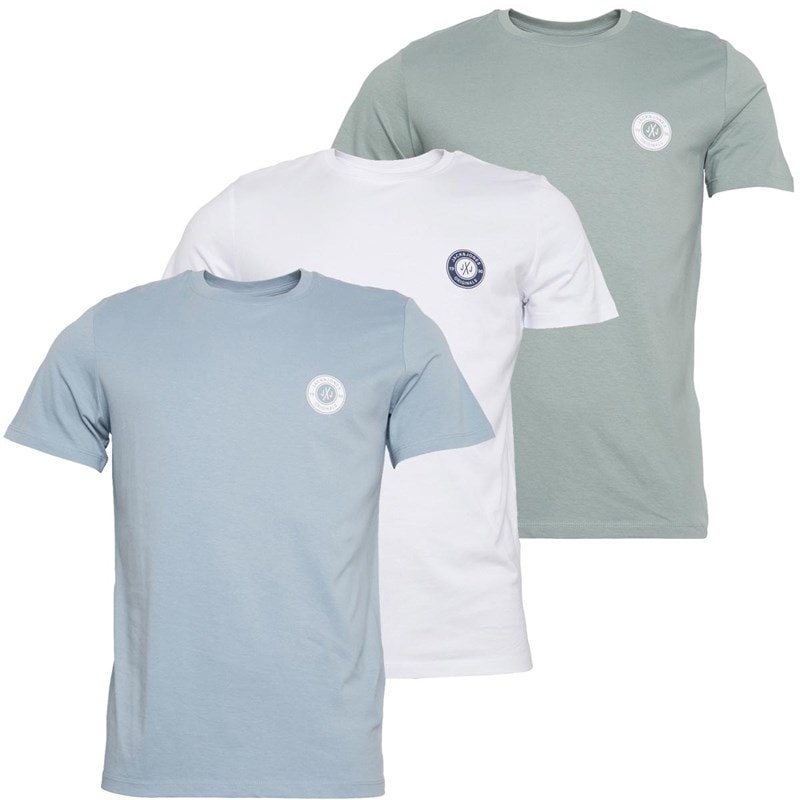 JACK & JONES Mens New Tom O-Neck Three Pack T-Shirts White/Ashley Blue/Milieu Green