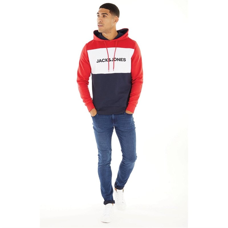 JACK & JONES Mens Logo Blocking Hoodie Tango Red - Image 3