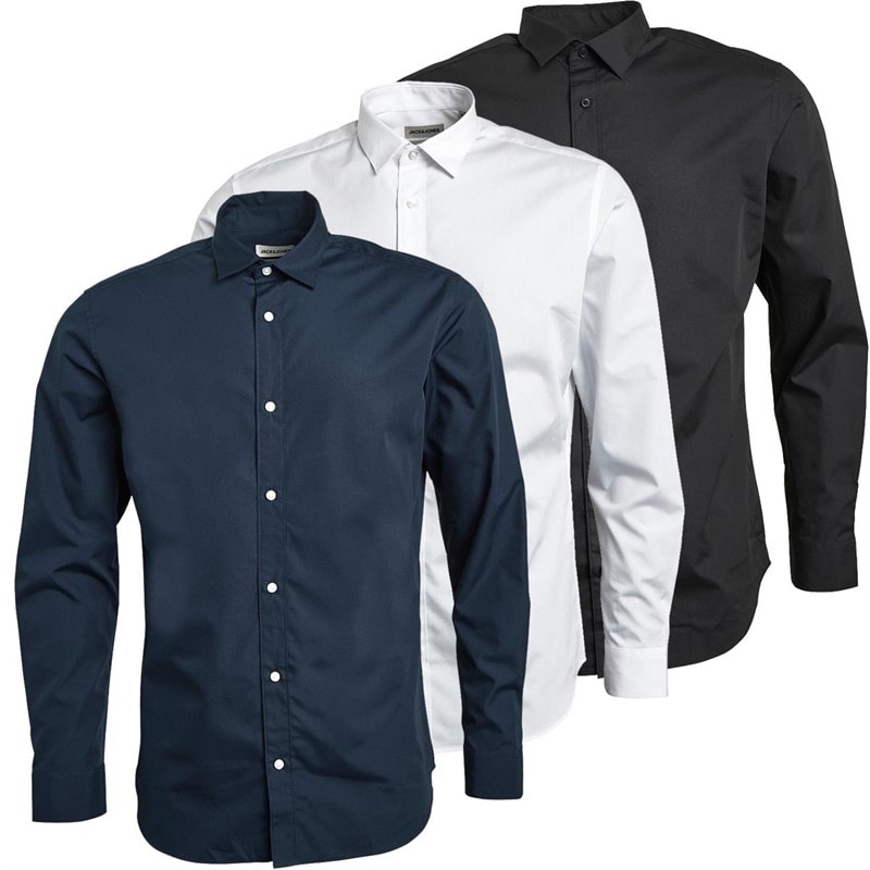 JACK & JONES Mens Joseph Three Pack Long Sleeve Shirts Navy/White/Black