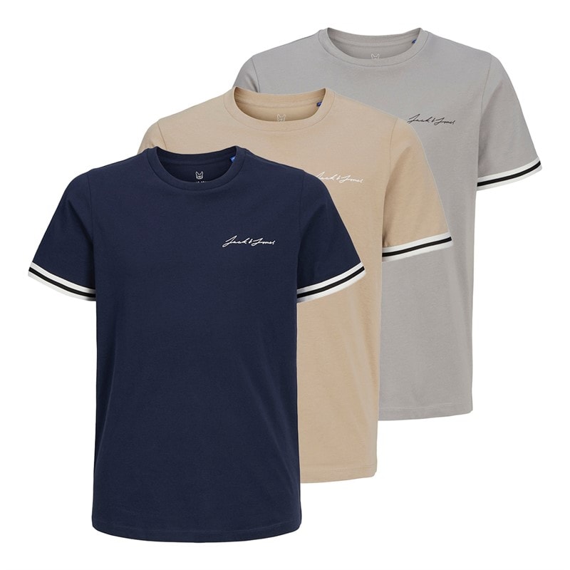 JACK & JONES Boys Jaxon Three Pack T-Shirts Crockery/Navy Blazer/Alloy