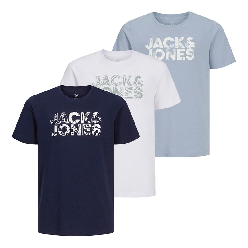 JACK & JONES Boys Floral Brand Three Pack T-Shirts White/Ashley Blue/Navy Blazer