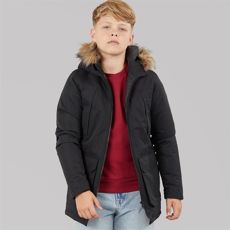 JACK & JONES Boys Grand Parka With Detachable Fur Black