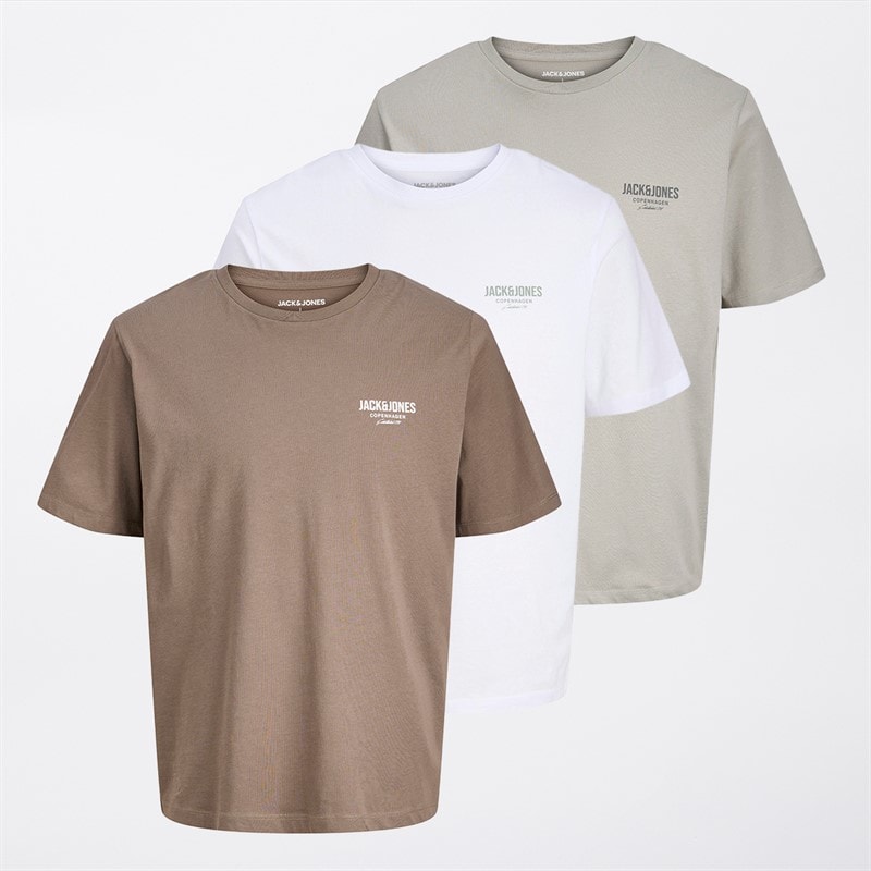 JACK & JONES Mens Jeff Orion Three Pack T-Shirts Falcon/Ghost Grey/White