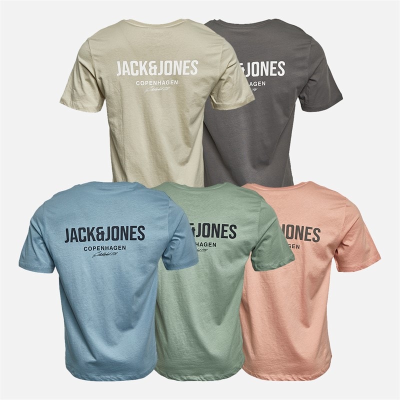 JACK & JONES Mens Jeff Orion Five Pack T-Shirts Moonbeam/Castlerock/Mountain Spring/Coral Almond/Iceberg Green - Image 2