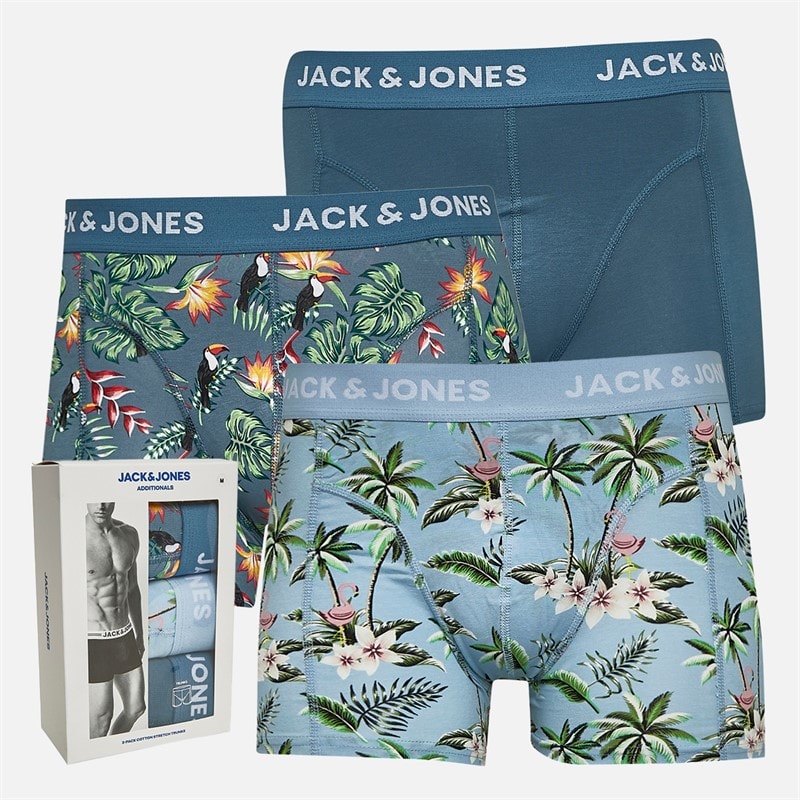 JACK & JONES Mens Flower Bird Three Pack Boxer Trunks Chambray Blue/Oceanview/Oceanview - Image 1