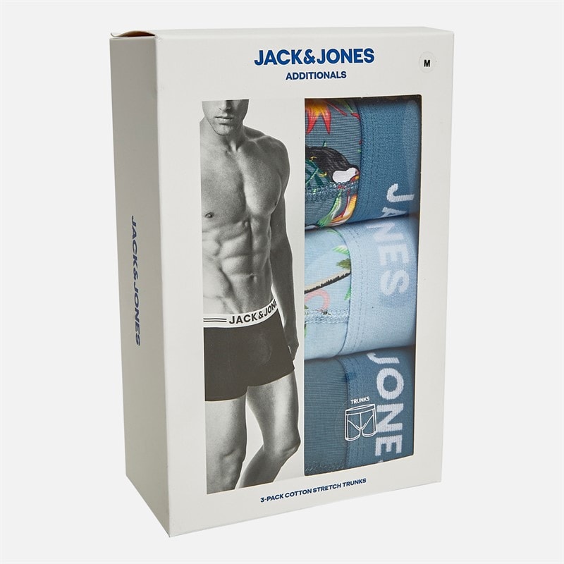 JACK & JONES Mens Flower Bird Three Pack Boxer Trunks Chambray Blue/Oceanview/Oceanview - Image 2