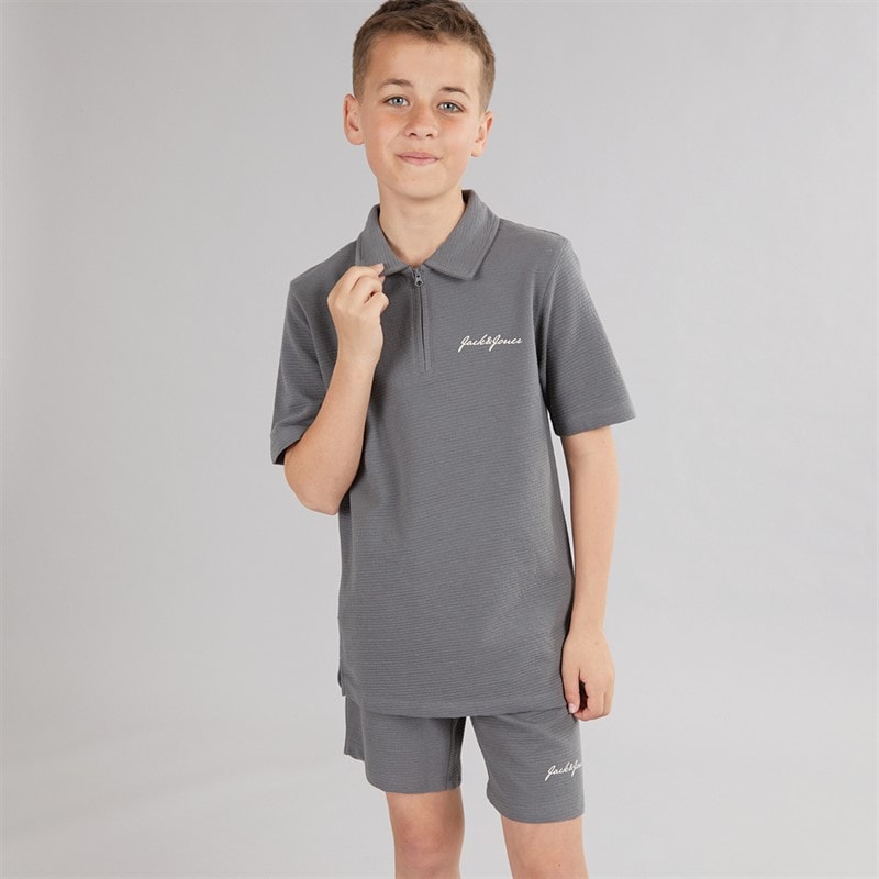 JACK & JONES Boys Basic Zip Polo Shirt And Shorts Set Castlerock - Image 1