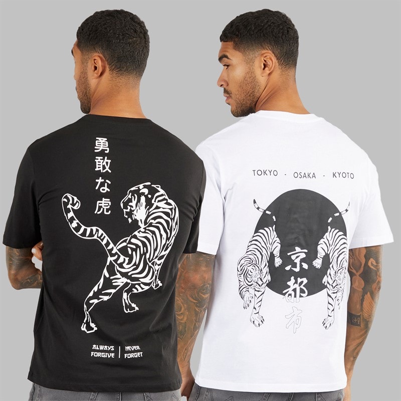 JACK & JONES Mens Relaxed Fit Back Print Two Pack T-Shirts Black/White - Image 1