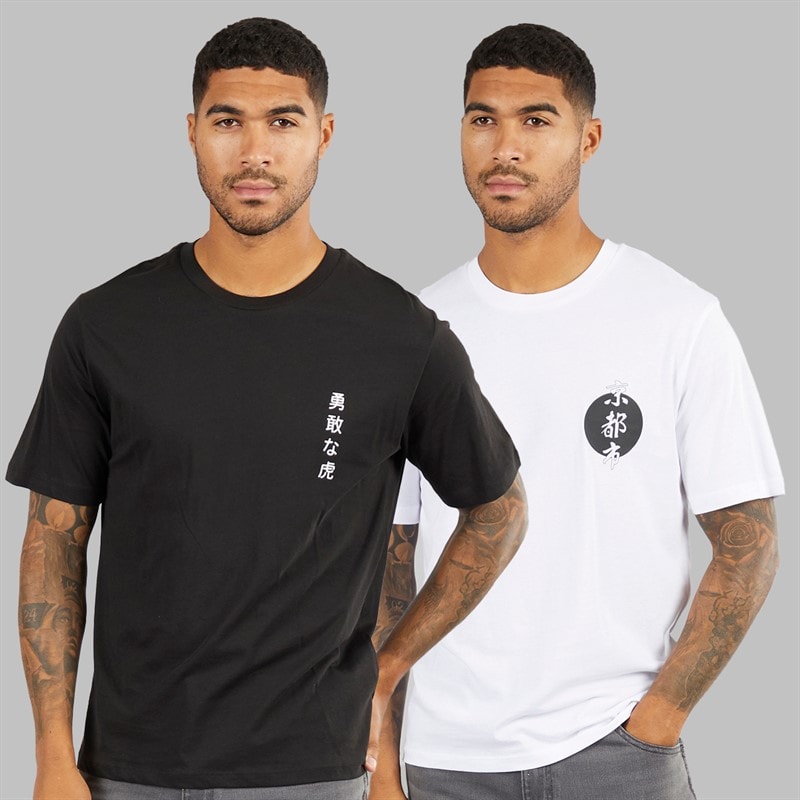JACK & JONES Mens Relaxed Fit Back Print Two Pack T-Shirts Black/White - Image 2