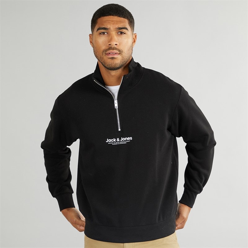 JACK & JONES Mens Vesterbro 1/4 Zip Sweatshirt Black/White - Image 1