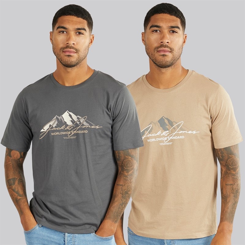 JACK & JONES Mens Cover Mountain Two Pack T-Shirts Asphalt/Silver Mink - Image 1