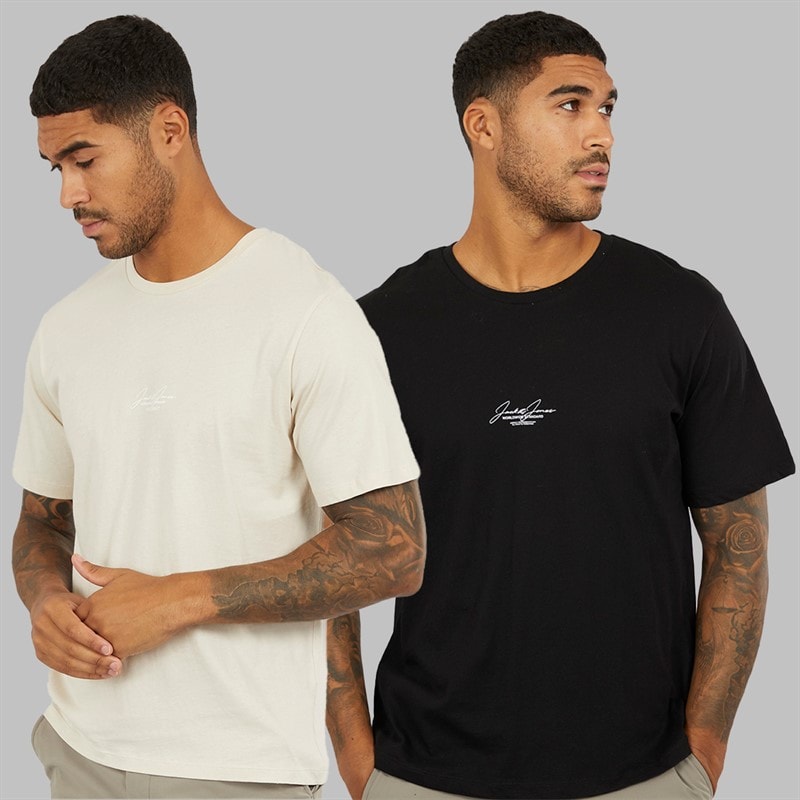 JACK & JONES Mens Cover Script Two Pack Relaxed T-Shirts Black/Moonbeam
