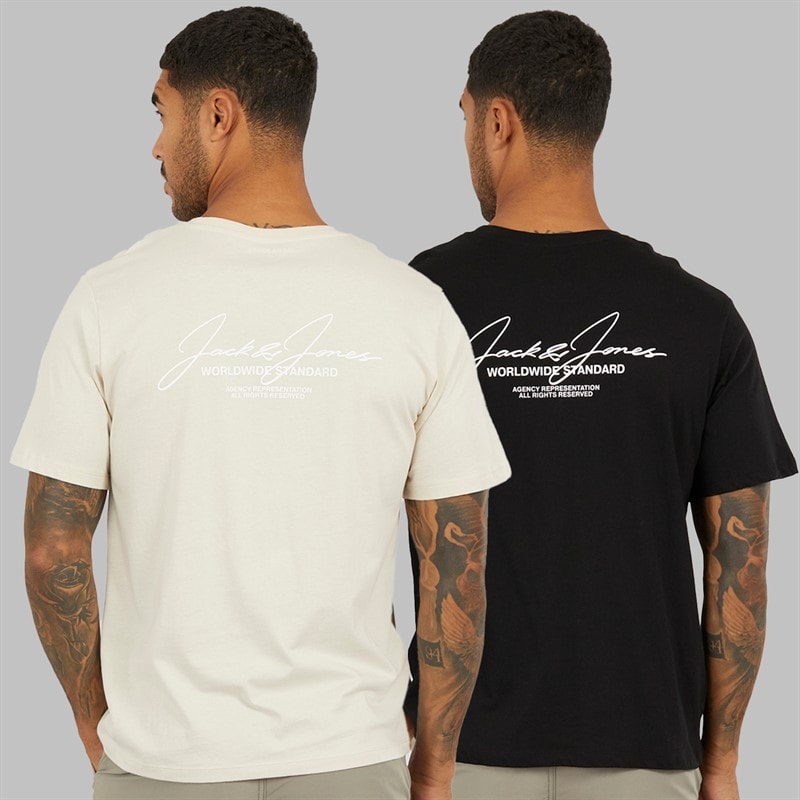 JACK & JONES Mens Cover Script Two Pack Relaxed T-Shirts Black/Moonbeam - Image 2