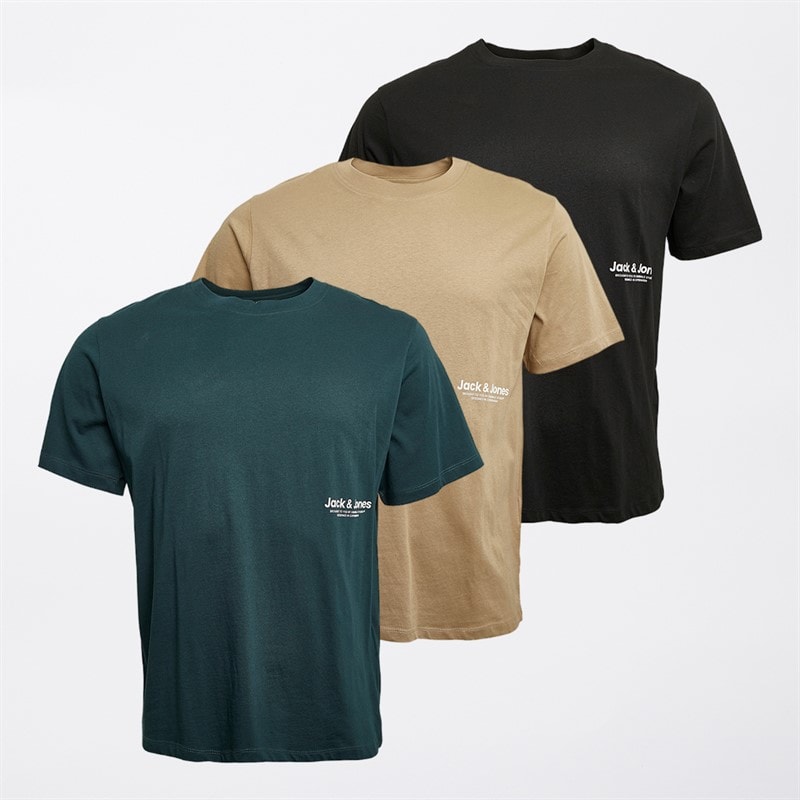 JACK & JONES Mens Vesterbro Side Three Pack Relaxed Fit T-Shirts Black/Silver Mink/Magical Forest - Image 1