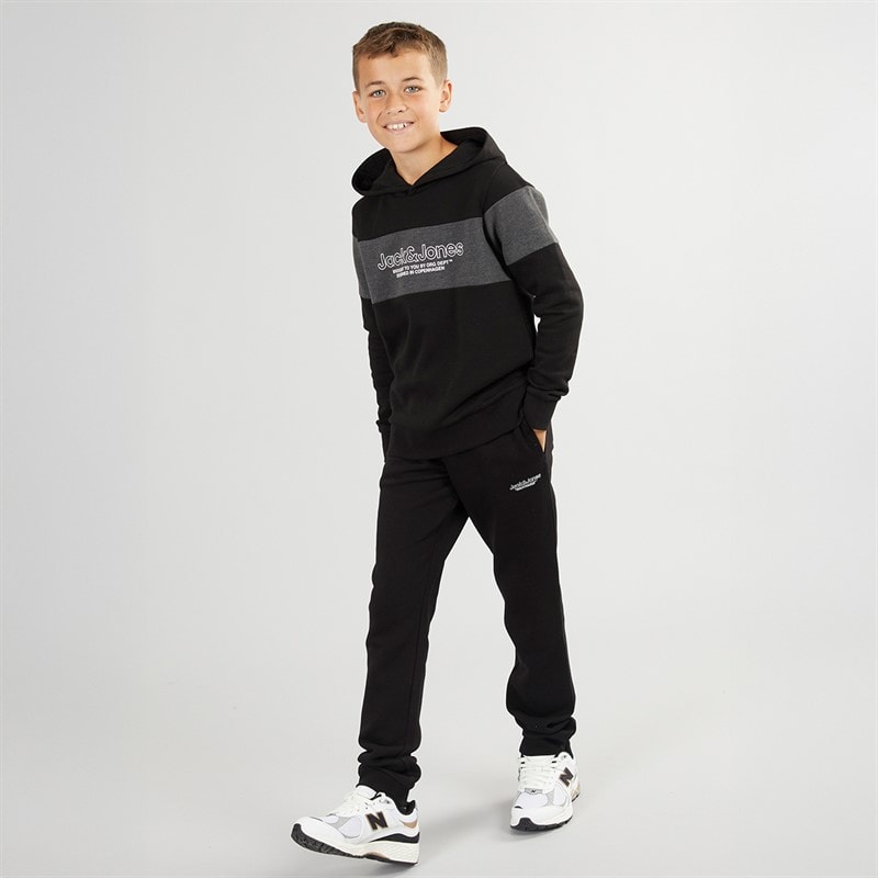 JACK & JONES Boys Lakewood Hoodie And Joggers Tracksuit Black/Dark Grey Marl Panel