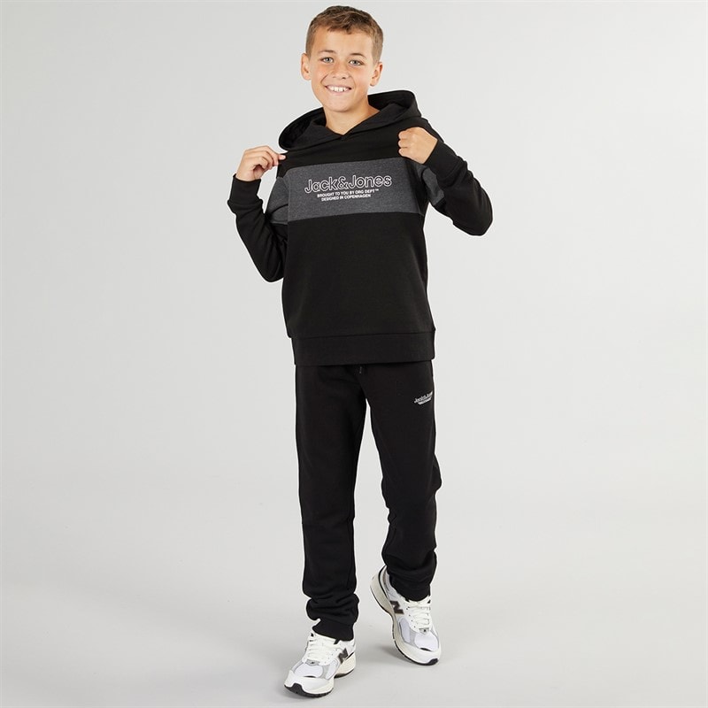 JACK & JONES Boys Lakewood Hoodie And Joggers Tracksuit Black/Dark Grey Marl Panel - Image 3