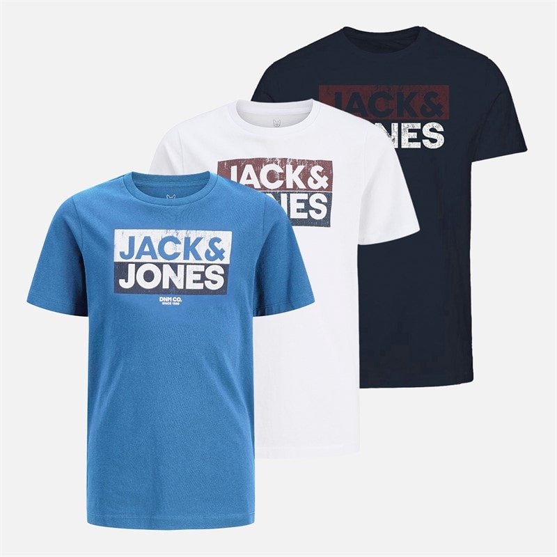 JACK & JONES Boys Atfal Three Pack T-Shirts Colbalt Blue/White/Navy Print - Image 1