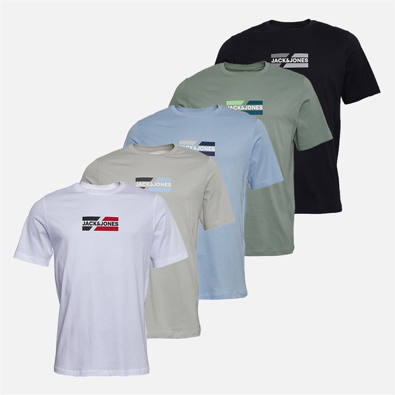 JACK & JONES Mens Slash Five Pack T-Shirts Bright White/Black/Cashmere Blue/Iceberg Green/Glacier Grey