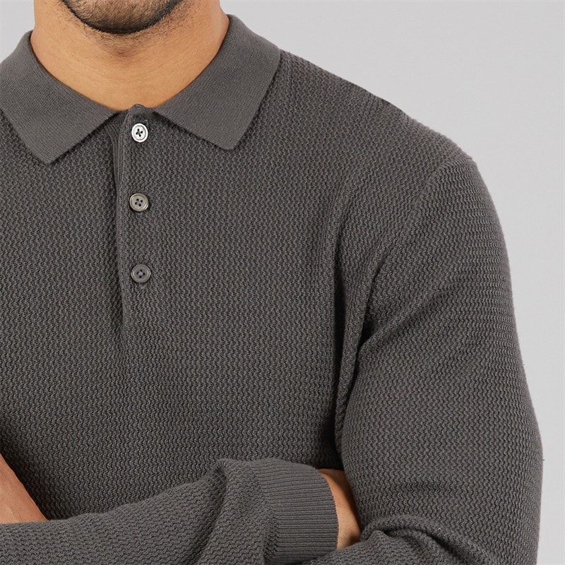 JACK & JONES Mens Cooper Knitted Long Sleeve Polo Shirt Volcanic Ash - Image 3