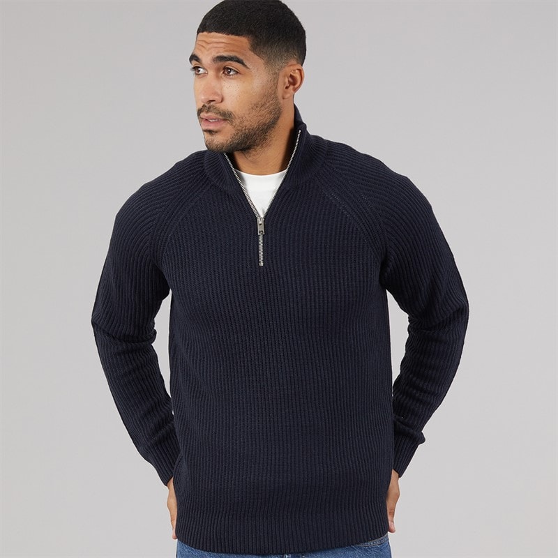 JACK & JONES Mens Panel 1/2 Zip Knitted Jumper Sky Captain - Image 1