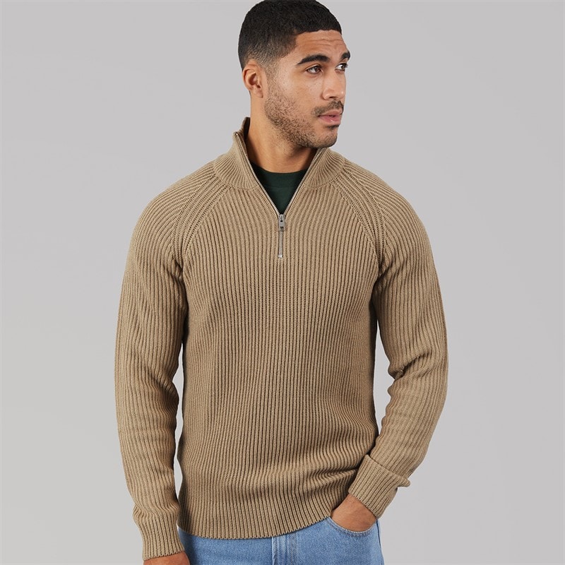JACK & JONES Mens Panel 1/2 Zip Knitted Jumper Crockery - Image 1